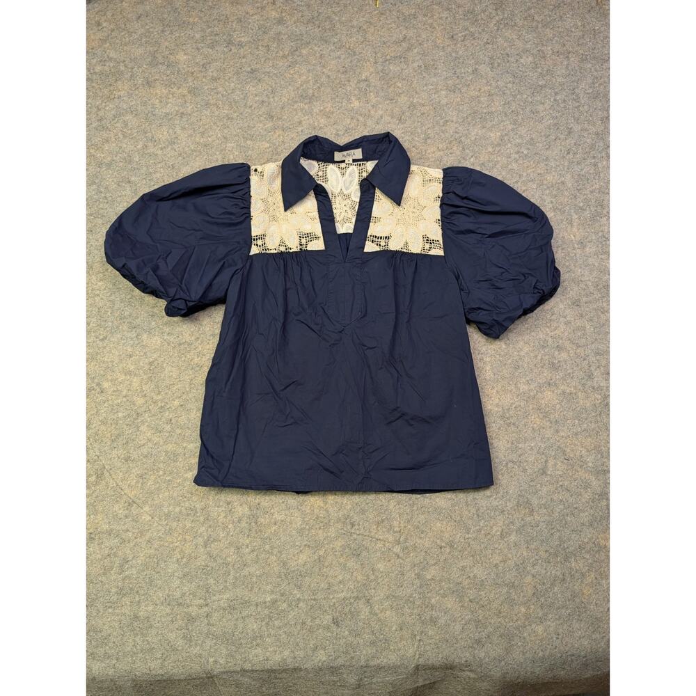 Avara Navy Crochet Lace Puff Sleeve Collared Top Medium Cotton Prairie Southern - Picture 2 of 8